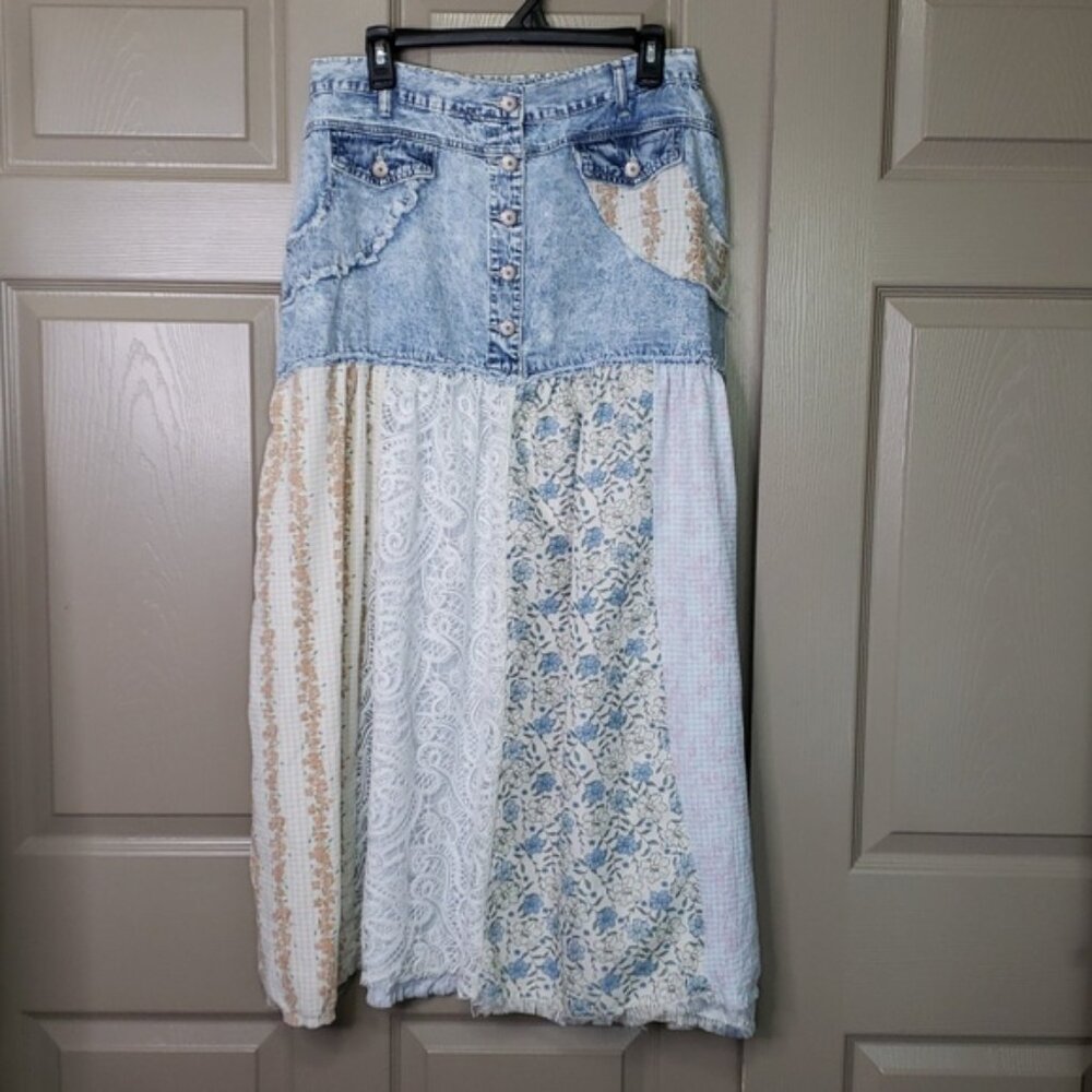 NWT POL Blue and Cream Patchwork Boho Hippie Maxi Skirt Size Large